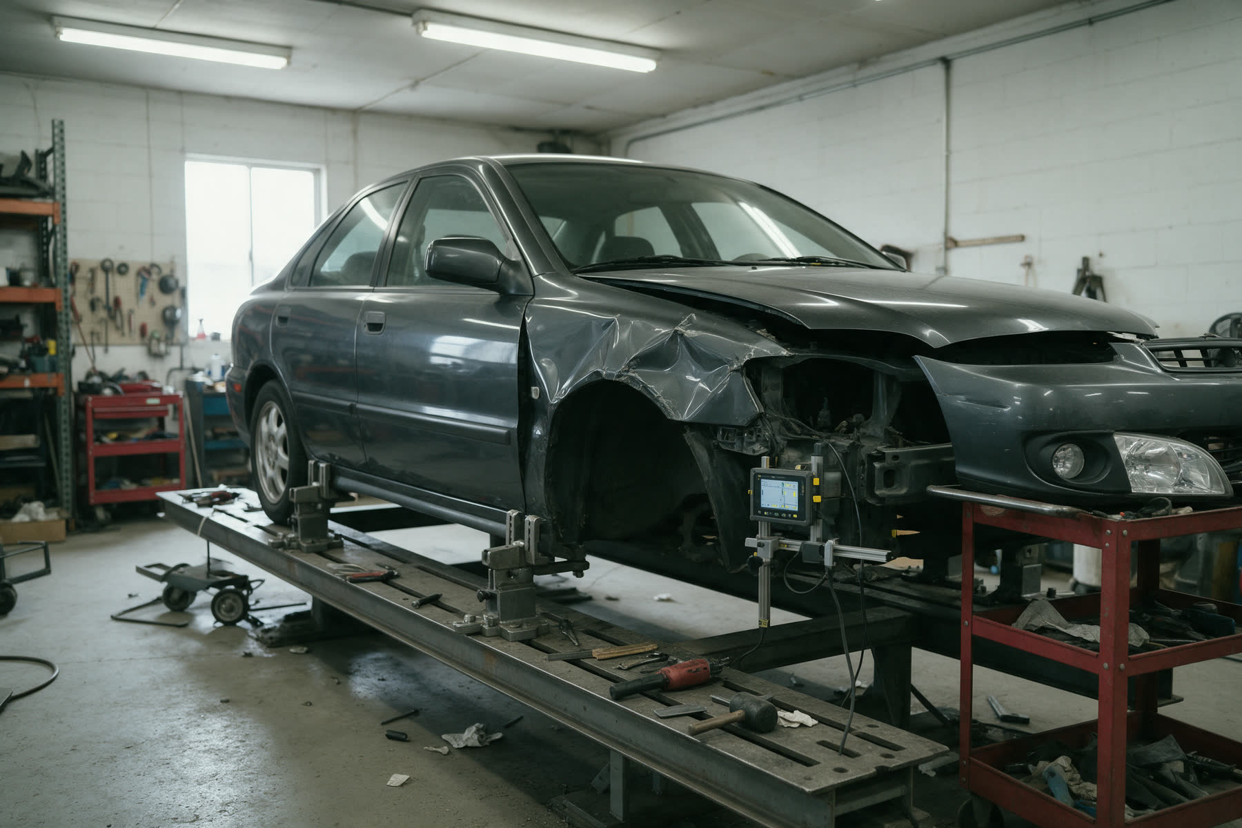 A grey sedan clamped on the frame rack with its front bumper cover removed and a measuring gauge on the front rail, the dented fender waiting for repair