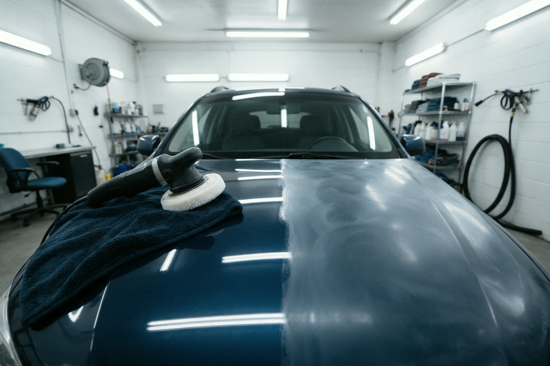 The hood of a dark blue SUV half polished, one side mirror-glossy with the ceiling lights reflected, the other still hazed with compound, a polisher resting on a towel