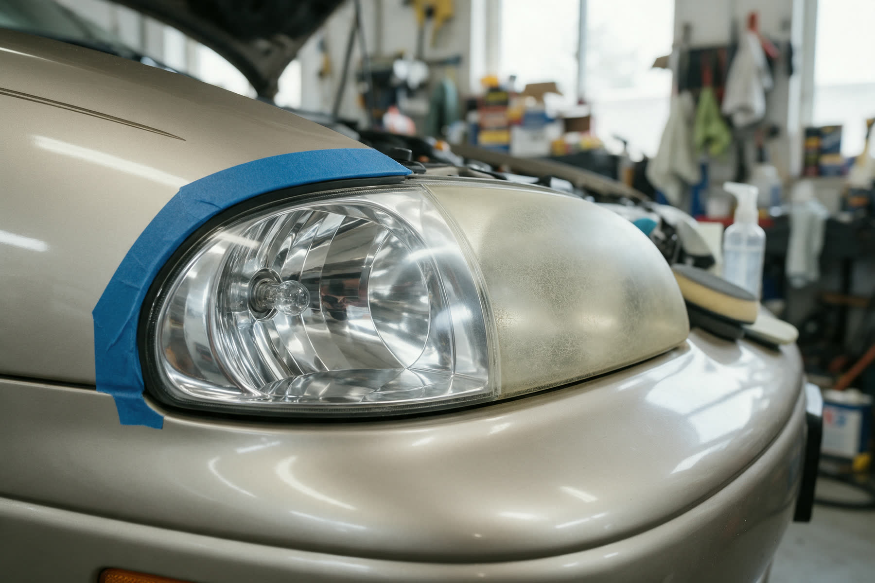 Close-up of a champagne sedan's headlight half restored, the left half crystal clear and the right half still hazed yellow, blue masking tape along the fender