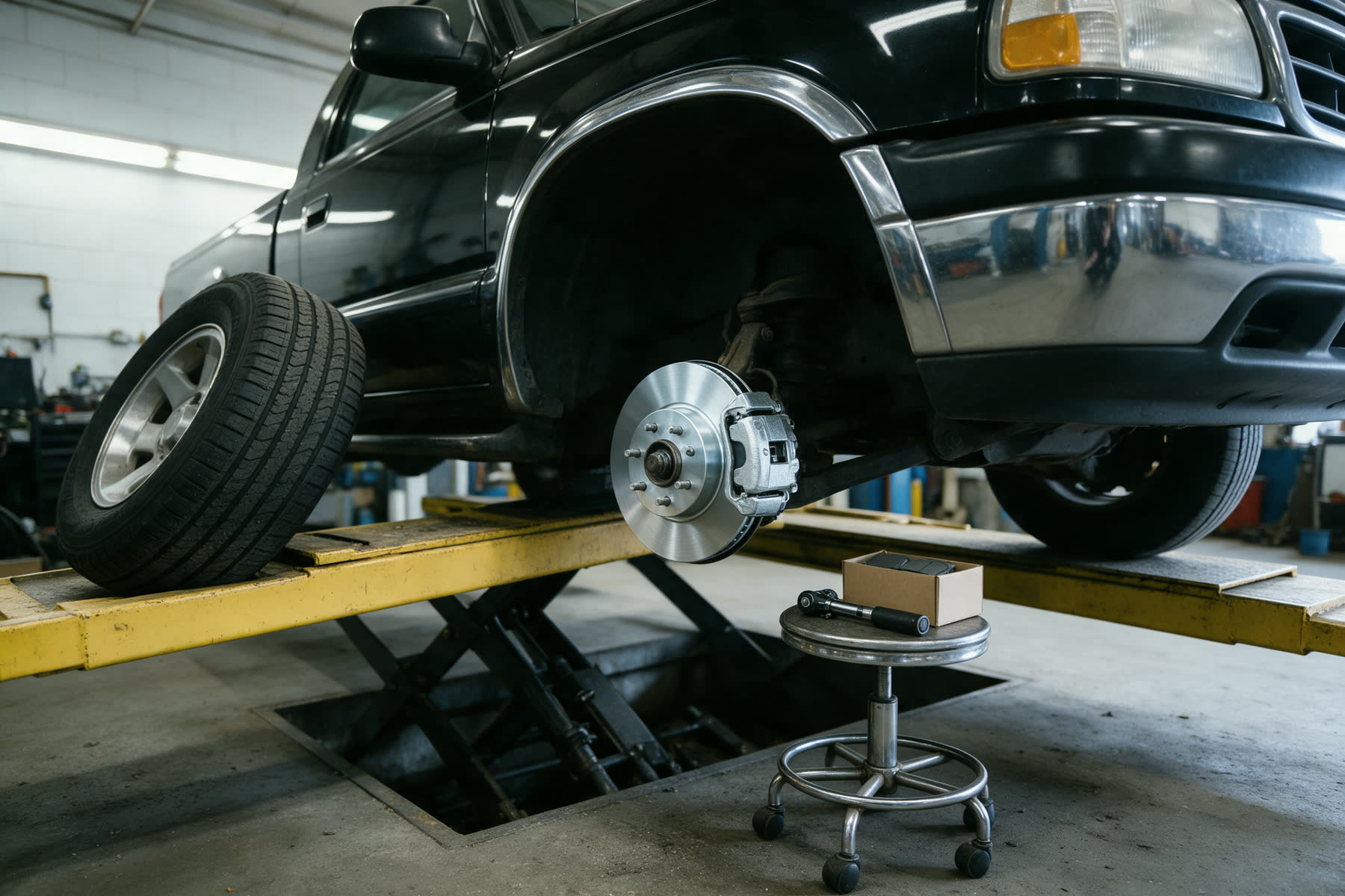 A black pickup raised on the in-ground scissor lift, front wheel off, a new brake rotor and caliper on the hub, a torque wrench and box of pads on a rolling stool