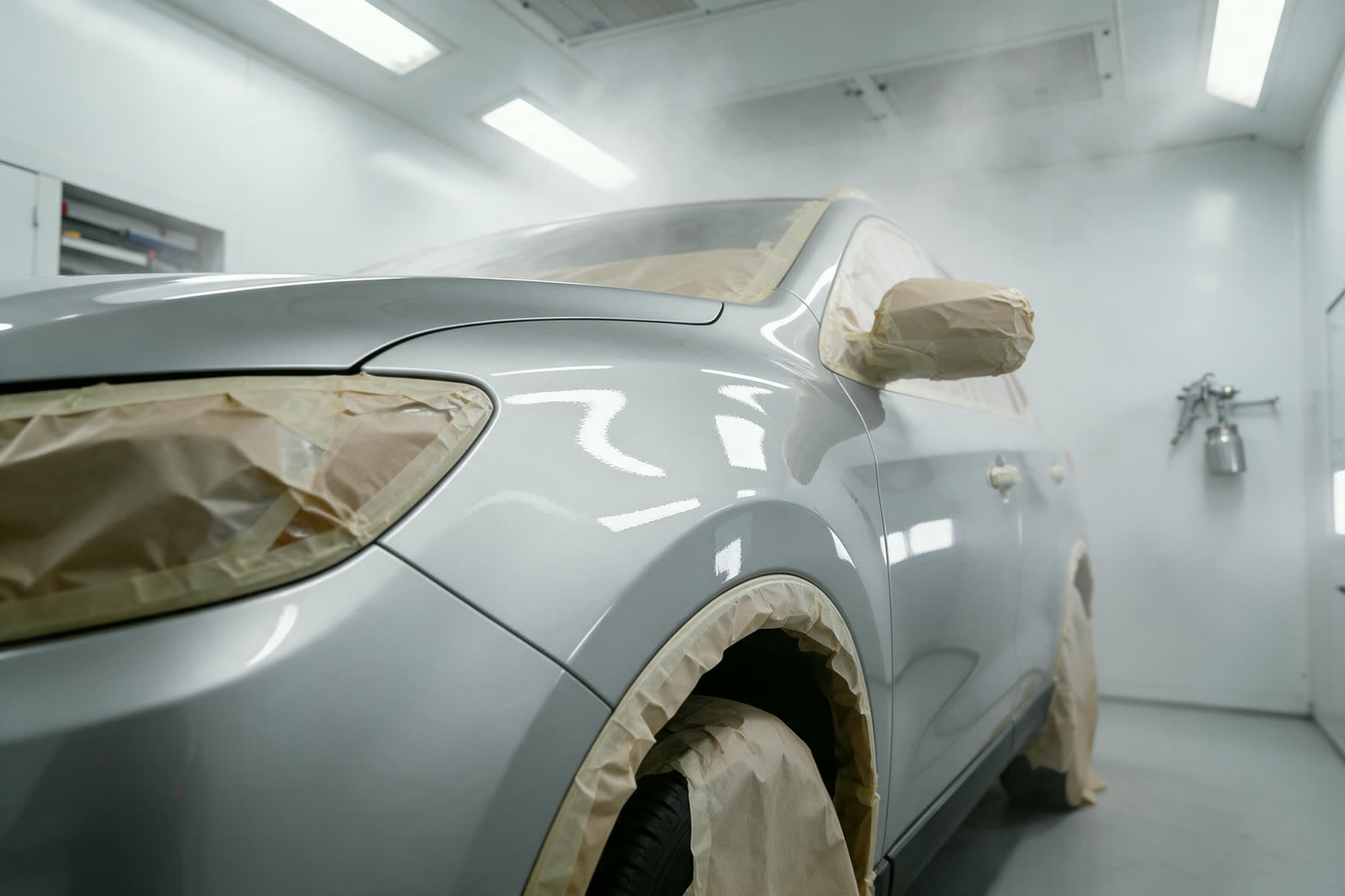 A silver SUV in the paint booth, headlight, mirror and wheel arch masked with tan paper, fresh clear coat on the fender reflecting the booth lights