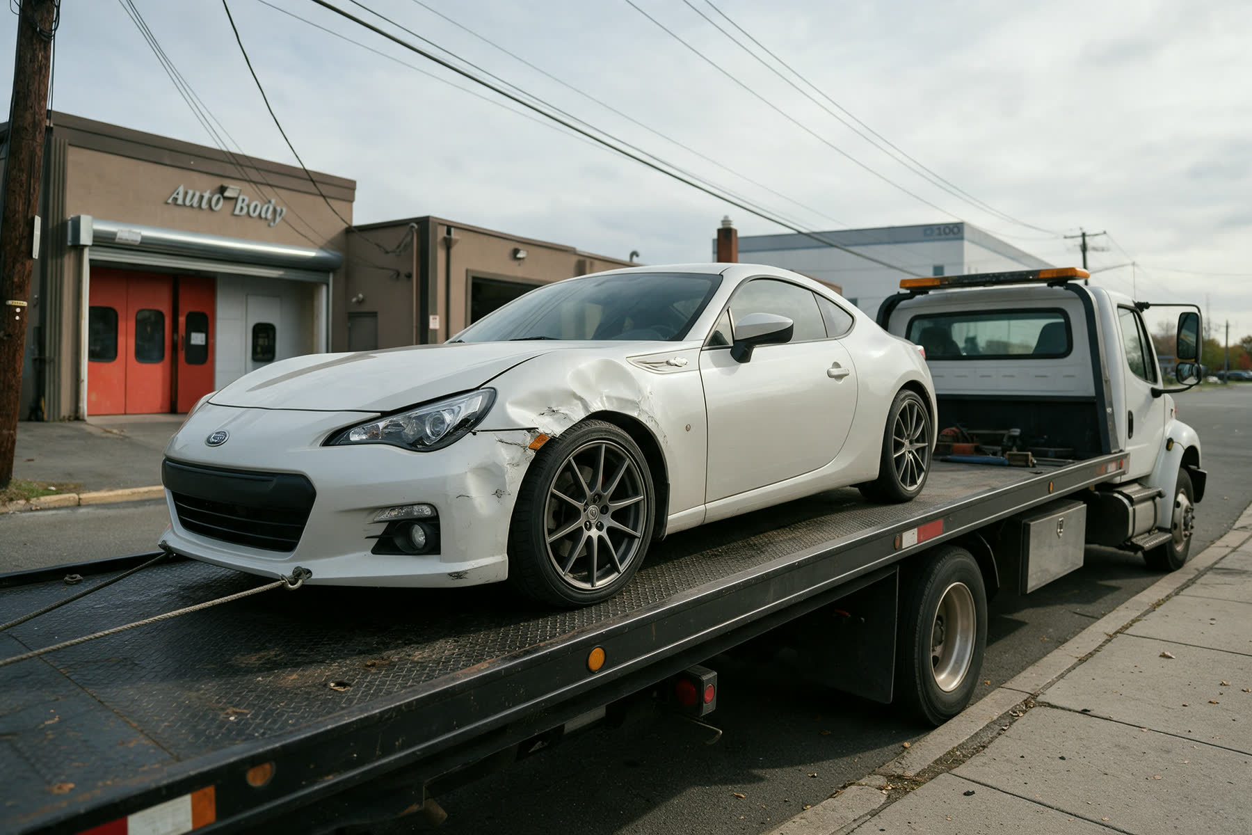 A white coupe with a creased front fender strapped to a flatbed tow truck at the curb outside the shop, the red bay doors behind it